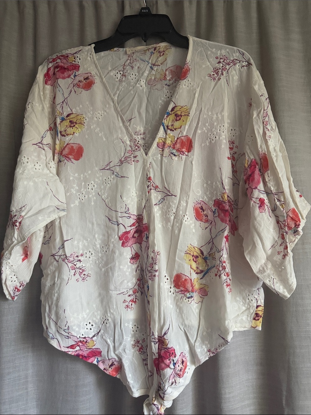 lovestitch White Floral Eyelet Tie-Front Top with Pink & Yellow Flowers